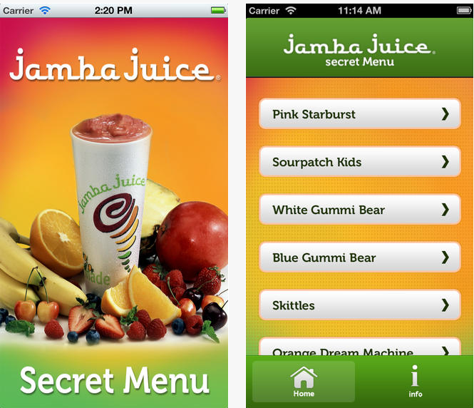Jamba果汁秘密菜单iPhone应用程序